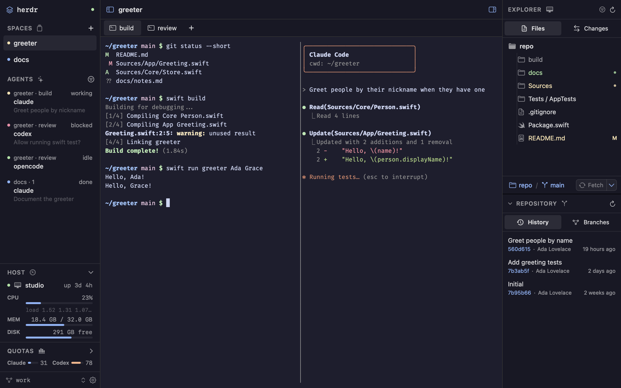 wooloo with agents in the sidebar, a split terminal running Claude Code, and the explorer and repository history on the right