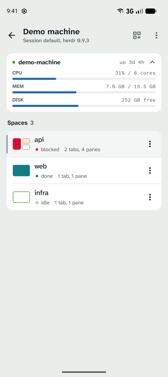 A machine with its CPU, memory and disk, and three spaces: api blocked, web done, infra idle