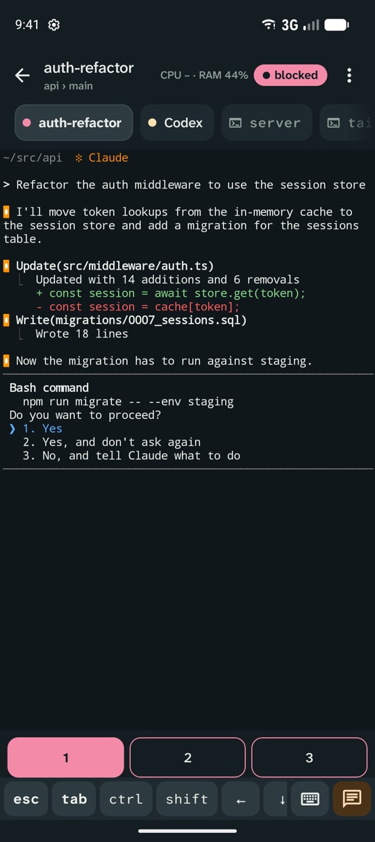 Claude Code's terminal asking for permission, with one-tap answers 1, 2 and 3 and a key bar